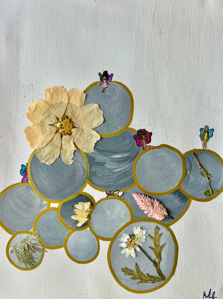 art illustration print of flowers and fairies on circles made with gouache paint, acrylic marker, pen, and real dried flowers.